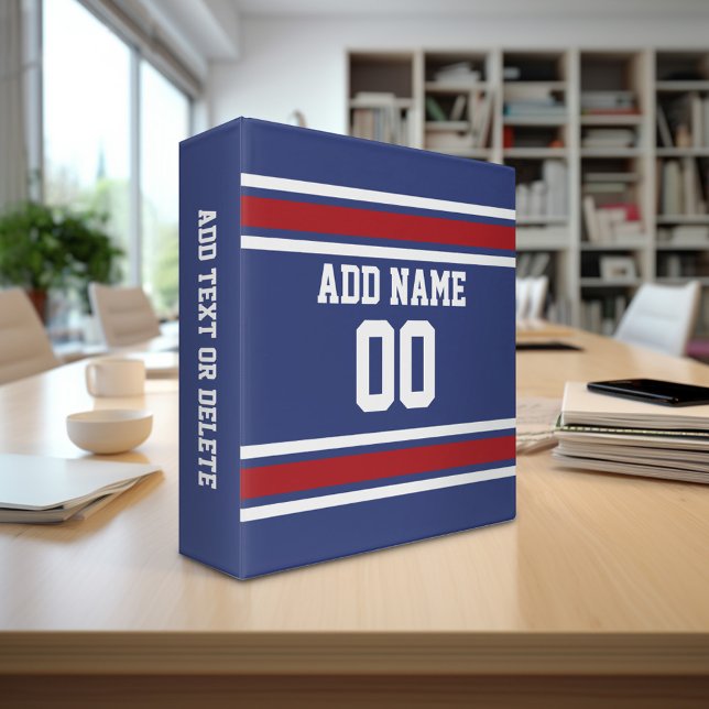 Blue Red Football Jersey Custom Name Number Binder (Personalized 3-ring binder - sports theme with area for name and custom text)