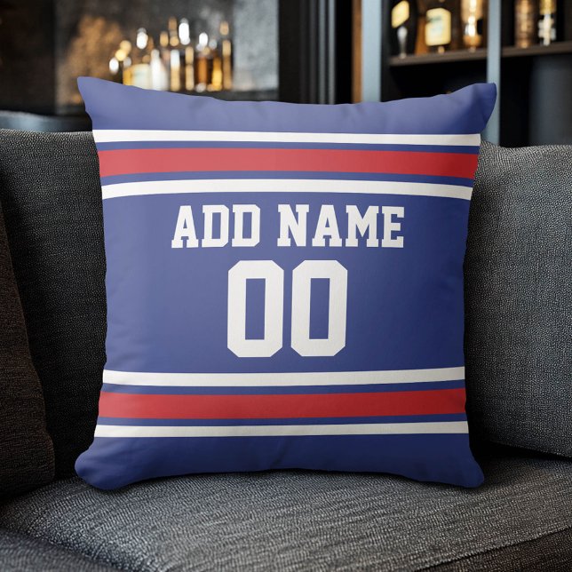 Blue Red Football Jersey Custom Name Number Throw Pillow (Custom Sports Pillow for a Man Cave)