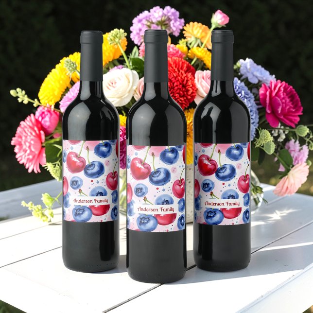 Blue Red Fruit Berry Cherry Watercolor Pattern Wine Label (Creator Uploaded)