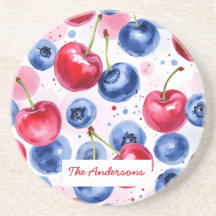 Blue Red Fruit Cherry Berry Sandstone Coaster
