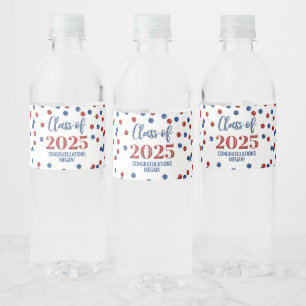 Blue Red Glitter Class of 2025 Graduation Water Bottle Label