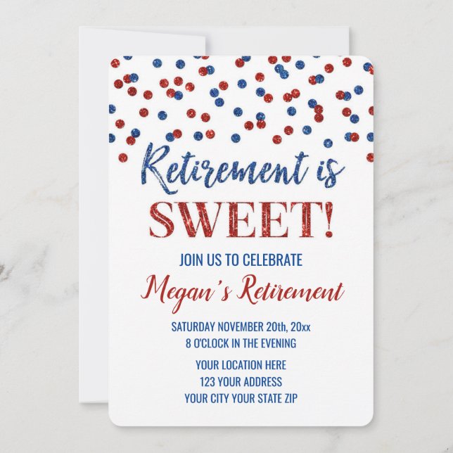 Blue Red Glitter Confetti Retirement Party Invitation (Back)