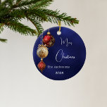 Blue red gold baubles Christmas Ceramic Ornament<br><div class="desc">An navy blue uneven coloured background. Decorated with red and gold baubles.  Personalize and add your name,  year.  Text: Merry Christmas</div>