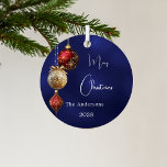 Blue red gold baubles Christmas Metal Ornament<br><div class="desc">An navy blue uneven coloured background. Decorated with red and gold baubles.  Personalize and add your name,  year.  Text: Merry Christmas</div>