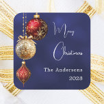 Blue red gold baubles Christmas Square Sticker<br><div class="desc">For a Christmas party favours or gift wrapping. An navy blue uneven coloured background. Decorated with red and gold baubles. Personalize and add your name, year. Text: Merry Christmas</div>