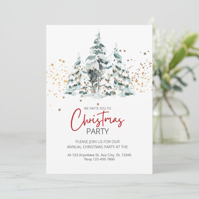 Blue Red Gold Watercolor Christmas Tree Invitation (Standing Front)