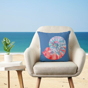 Blue Red Gray Nautilus on Blue Throw Pillow