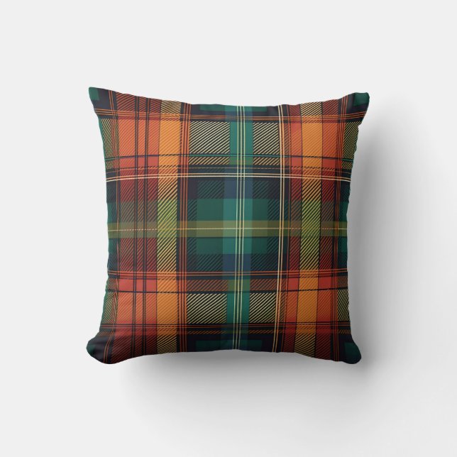 Blue Red Green Orange Holiday Plaid Throw Pillow (Front)
