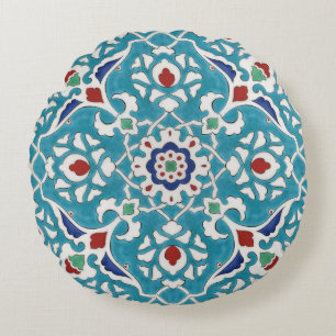 Blue Red Green White Portuguese Azulejo Pattern Round Pillow