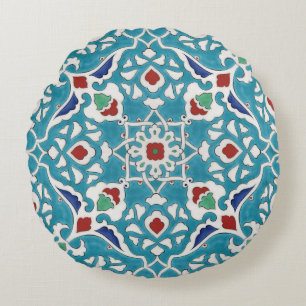 Blue Red Green White Portuguese Azulejo Pattern Round Pillow