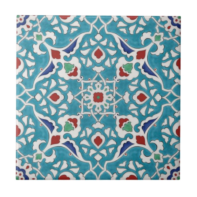 Blue Red Green White Portuguese Azulejo Pattern Tile (Front)