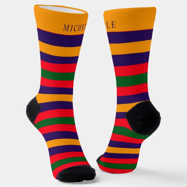 Blue Red Green Yellow  Striped For Custom Name  Socks (Angled)