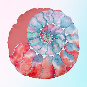 Blue Red Grey Nautilus on Coral Round Pillow
