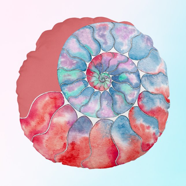 Blue Red Grey Nautilus on Coral Round Pillow (Creator Uploaded)