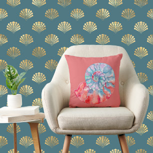 Blue Red Grey Nautilus on Coral Throw Pillow