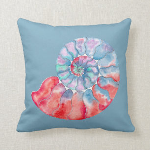 Blue Red Grey Nautilus on Dusky Blue Throw Pillow
