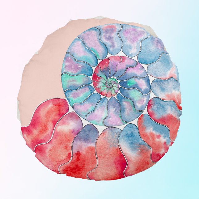 Blue Red Grey Nautilus on Light Peach Round Pillow (Creator Uploaded)