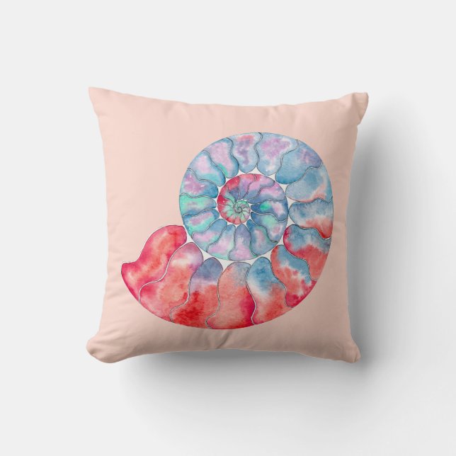 Blue Red Grey Nautilus on Light Peach Throw Pillow (Front)