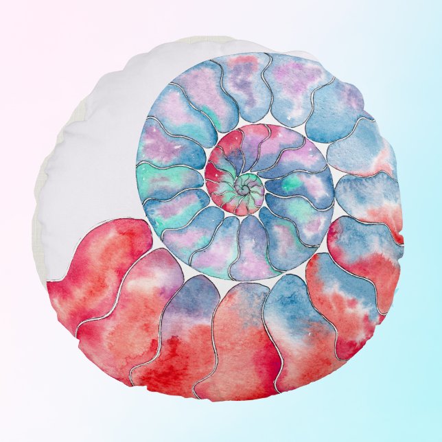 Blue Red Grey Nautilus on Off-White Background Round Pillow (Creator Uploaded)