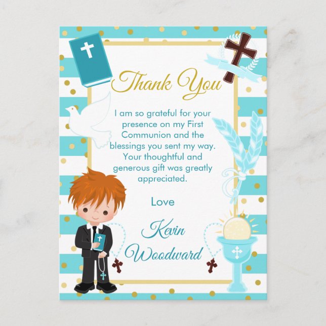 Blue Red Hair Boy First Communion Thank You Postcard (Front)