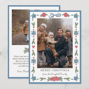 Blue Red Hand Drawn Nordic Photo Merry Christmas  Holiday Card
