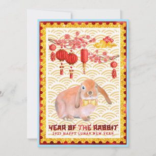 Blue Red Happy Lunar New Year of the Rabbit Photo Holiday Card