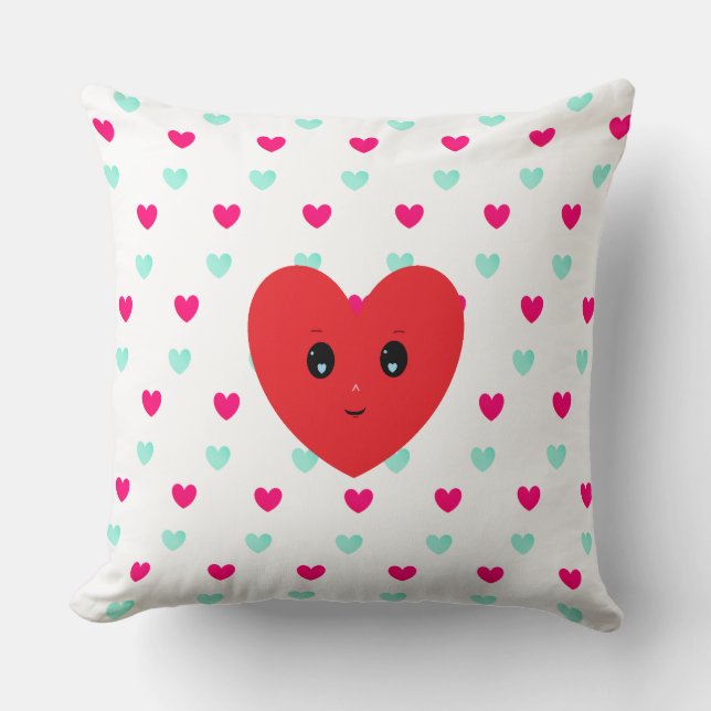 Blue & Red Heart Pattern on White Throw Pillow (Front)