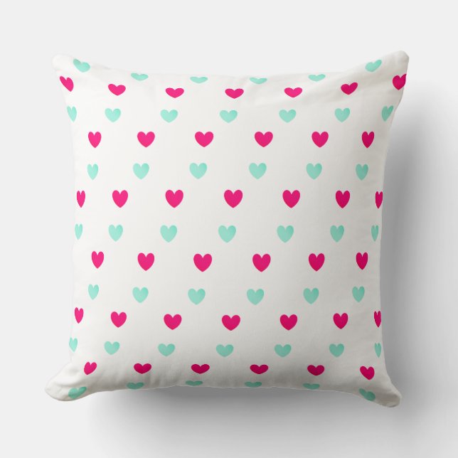Blue & Red Heart Pattern on White Throw Pillow (Front)