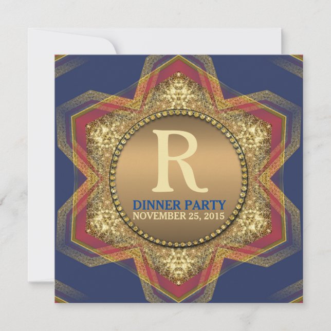Blue Red Hexagon Star Gold Dinner Party Invitation (Devant)