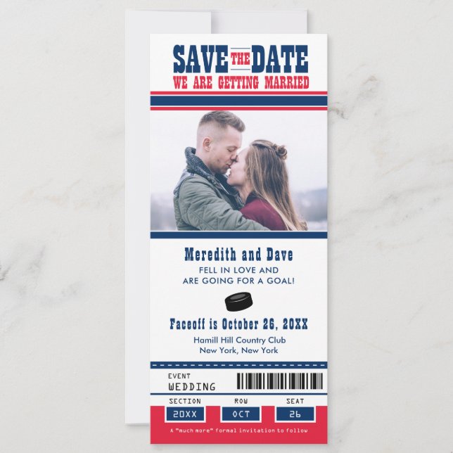 Blue Red Hockey Game Ticket Wedding Save the Date (Front)