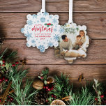 Blue Red Holly Snowflakes Merry Christmas Photo Ornament Card<br><div class="desc">Beautiful snowflake shaped Merry Christmas card and ornament in one printed with your photo,  pretty blue snowflakes,  red holly berries with green leaves,  and your name and the year.</div>