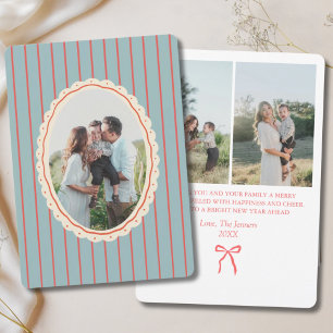 Blue & Red Illustrated Bow Striped 3-Photo Family Holiday Card