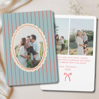 Blue & Red Illustrated Bow Striped 3-Photo Family Holiday Card