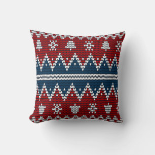 Blue Red knit pattern Throw Pillow