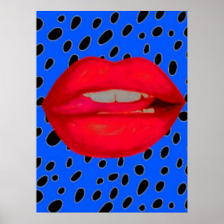 blue red lips leopard art print rockabilly poster