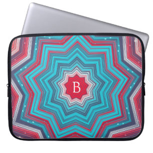 Blue & Red Mandala Rosette Pattern Monogram Laptop Sleeve