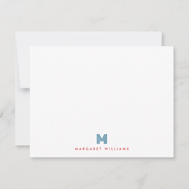 Blue Red Modern Art Deco Monogram Personalized Card (Front)