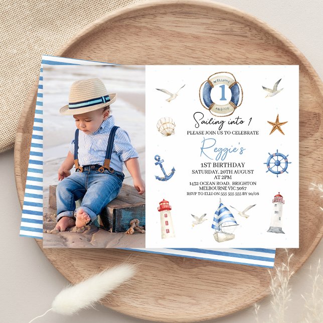 Blue Red Modern Sailing into Nautical 1st Birthday Invitation (Nautical Sailing into One 1st Birthday Invitation Boy Sailing Boat Party Invite Editable Blue White)