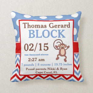 Blue Red Monkey Personalized Baby Announcement Throw Pillow