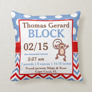 Blue Red Monkey Personalized Baby Announcement Throw Pillow
