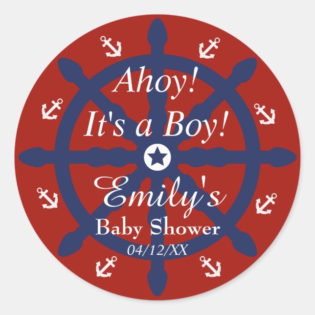 Blue Red Nautical Anchor Baby Shower Sticker (Front)