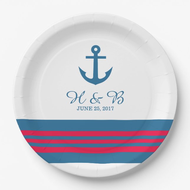 Blue Red Nautical Anchor Wedding Paper Plates (Front)
