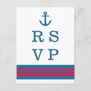 Blue Red Nautical Anchor Wedding RSVP Postcard