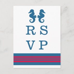 Blue Red Nautical Seahorse RSVP Postcard