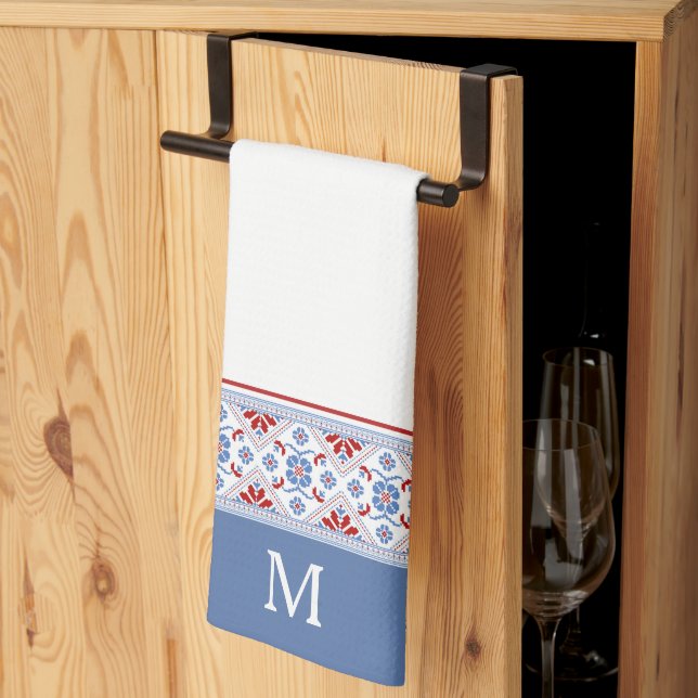 Blue Red Nordic Flower Pattern Monogram Kitchen Towel (Thirds Fold)