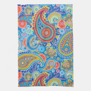 Blue, red, orange and yellow paisley kitchen towel