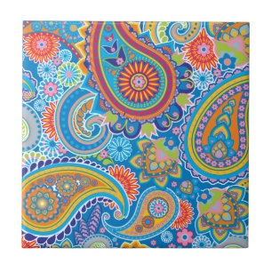 Blue, red, orange and yellow paisley tile