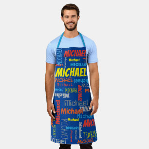 Blue red orange gray yellow typographic name apron