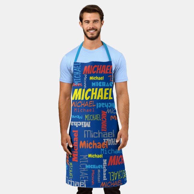 Blue red orange gray yellow typographic name apron (Worn)