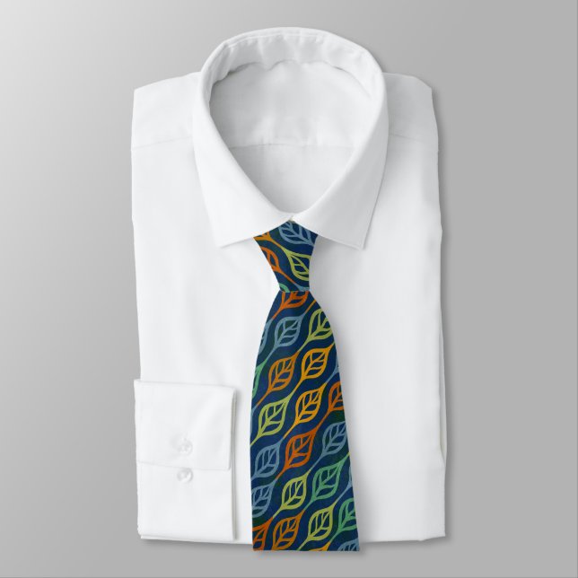 Blue Red Orange Green Teal Fall Leaves Pattern Tie (Tied)